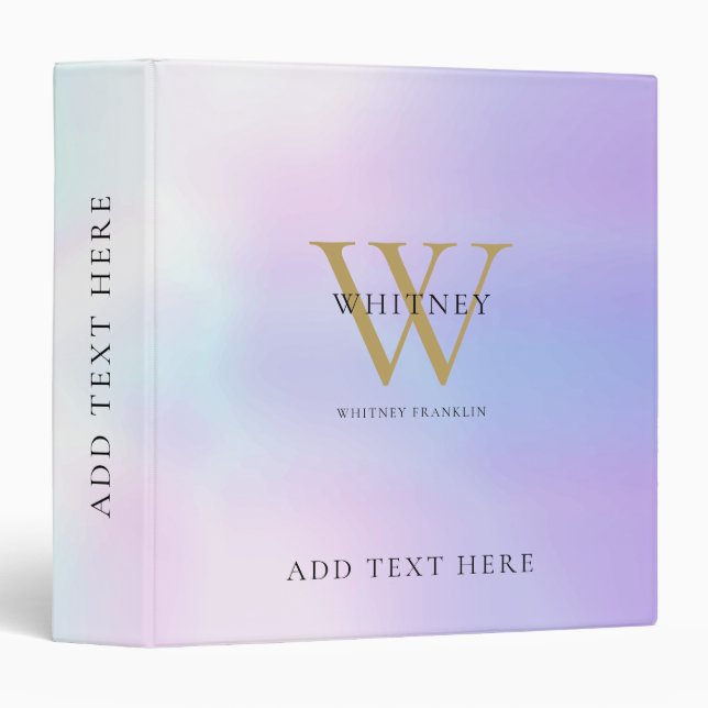 Modern Iridescent Elegant Gold Monogram Name Binder (Front/Spine)