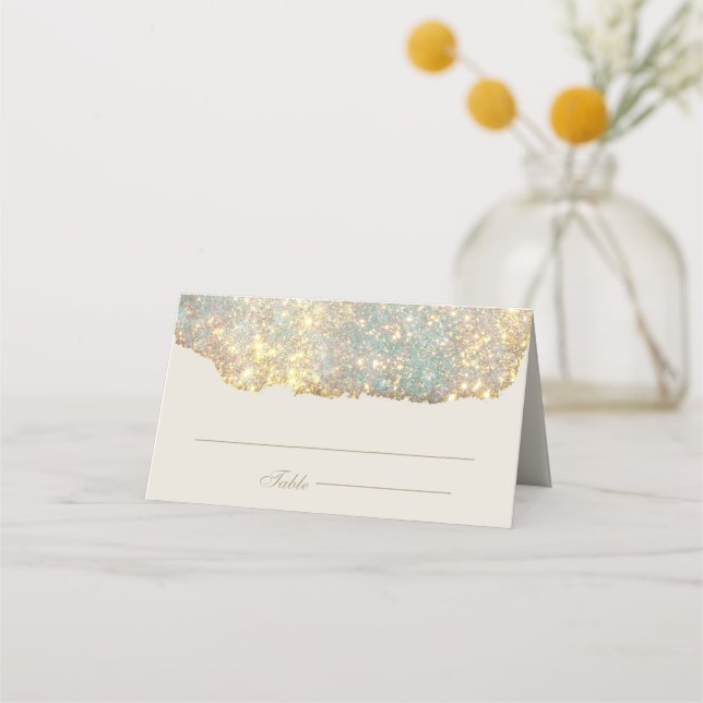 Modern Iridescent Holographic Glitter Wedding Place Card (Front)