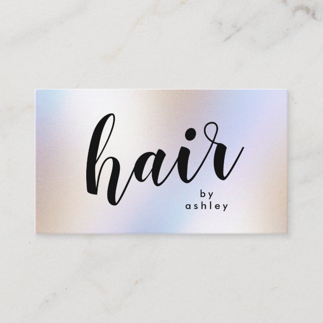 Modern Iridescent Holographic Shimmer Hair Stylist Business Card (Front)