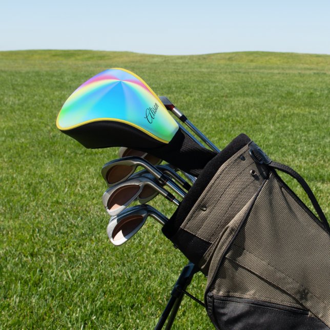 Modern iridescent pastel rainbow coloured,  golf head cover (In Situ)