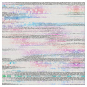 Modern Iridescent & Silver Glitter Strokes Stripes Fabric