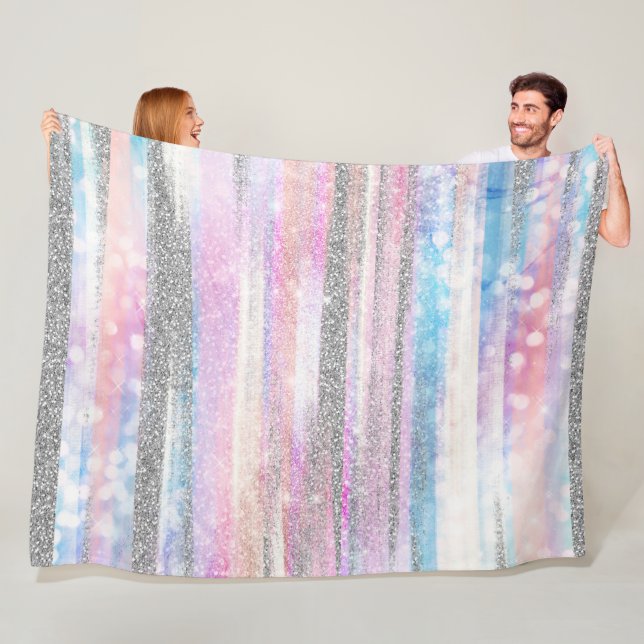 Modern Iridescent & Silver Glitter Strokes Stripes Fleece Blanket (In Situ)