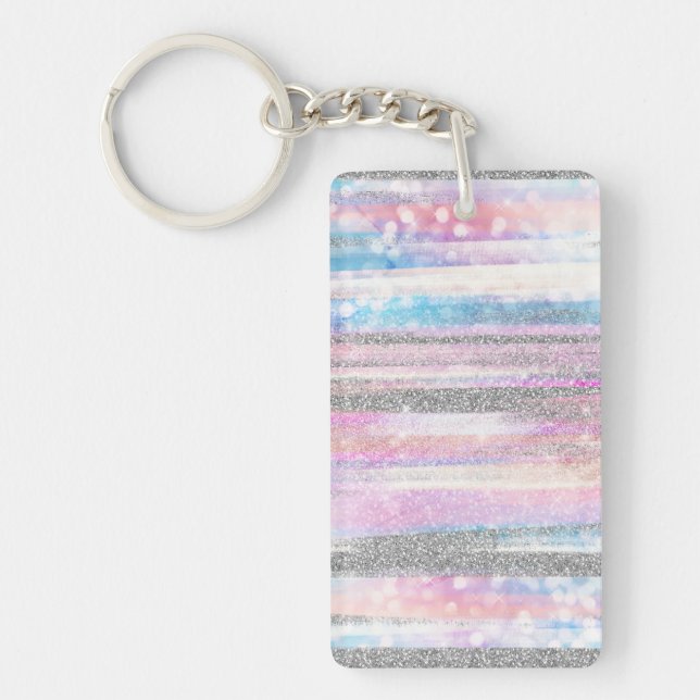 Modern Iridescent & Silver Glitter Strokes Stripes Keychain (Front)