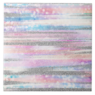 Modern Iridescent & Silver Glitter Strokes Stripes Tile