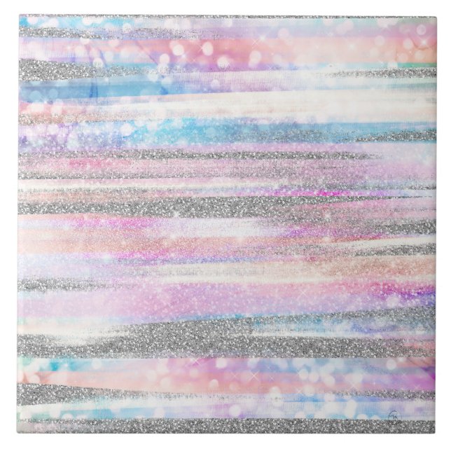 Modern Iridescent & Silver Glitter Strokes Stripes Tile (Front)