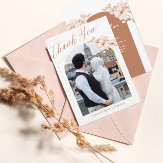 Modern Islamic Boho Terracotta Floral Nikah Photo Thank You Card