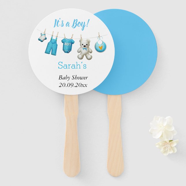 Modern it’s a Boy  Cute Laundry Baby Shower Hand Fan (Front and Back)