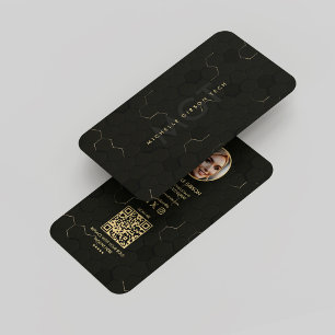 Modern IT Technician Hexagon Black Gold Monogram Business Card