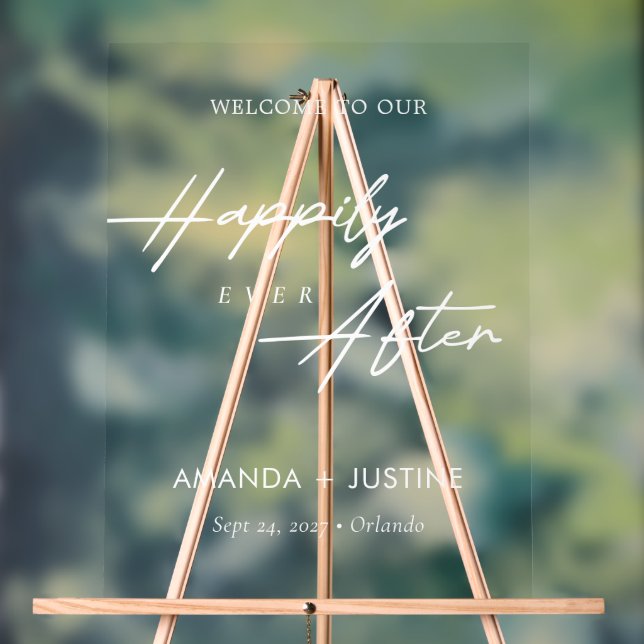 Modern Italic Script Happily Ever After Wedding Acrylic Sign (Neutral)