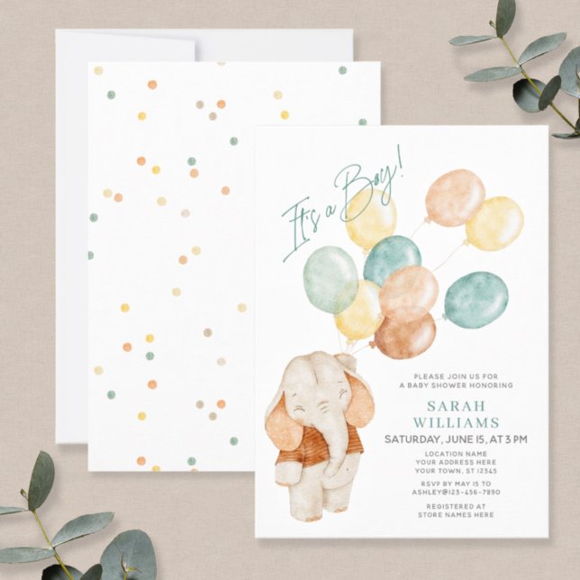 Modern It's a Boy Elephant Balloons Baby Shower Invitation (Creator Uploaded)