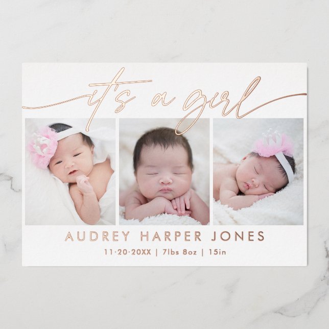 Modern It's a Girl Baby Newborn 3 Photo Collage Foil Holiday Card (Front)