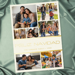 Modern Ivory 7 Photo Collage Feliz Navidad Foil Holiday Card