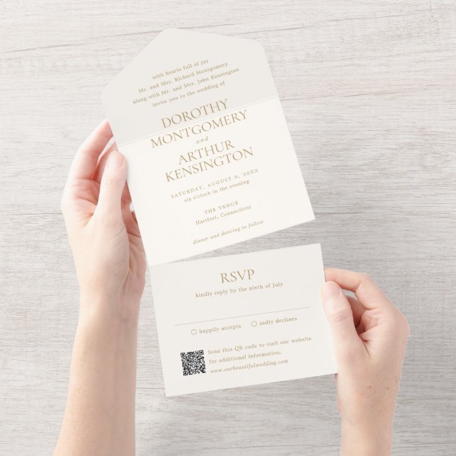Modern Ivory and Gold QR Code Elegant Wedding All In One Invitation (Tearaway)