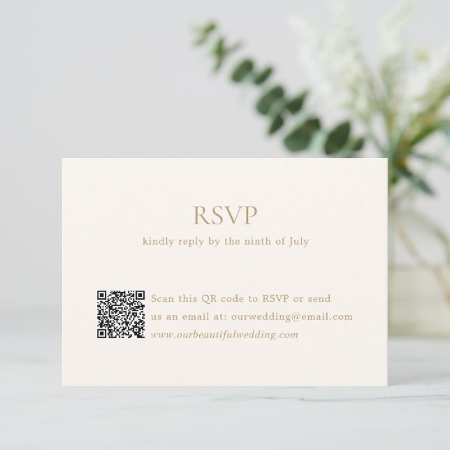 Modern Ivory and Gold QR Code Elegant Wedding RSVP Card (Standing Front)