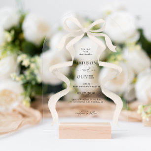 Modern Ivory Beige Bow Monogram Arch Wedding Acrylic Invitations