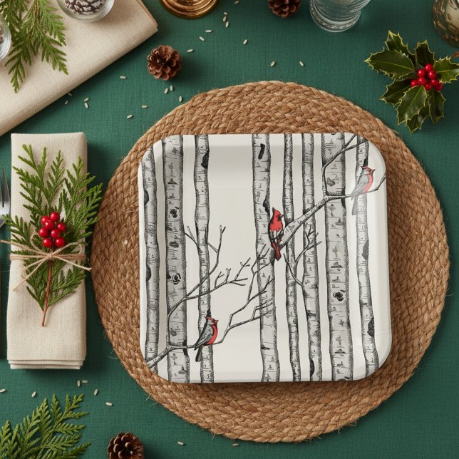 Modern Ivory Birch Trees and Red Cardinal Birds Paper Plate (Modern Red Cardinal & Birch Tree Winter Paper Plates. Simple Elegant Birch Trees for Christmas Party)
