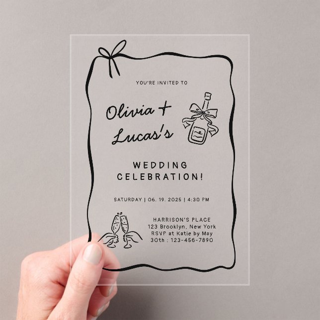 Modern Ivory & Black Hand-Drawn Wedding  Acrylic Invitations (Insitu (Handheld))