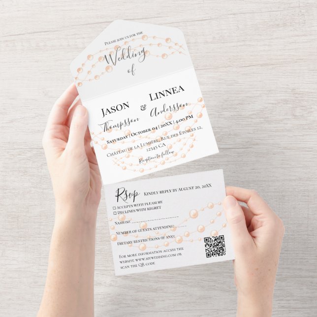 Modern Ivory Blush Romantic Pearl Neutral Wedding All In One Invitation (Tearaway)