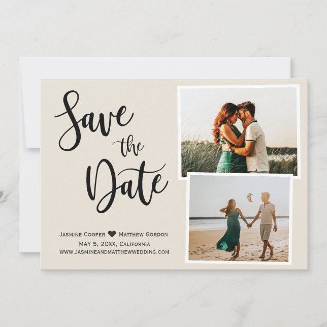 Modern Ivory Elegant Handwritten Calligraphy Photo Save The Date (Front)