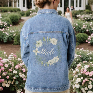 Modern Ivory Floral Script Personalized Bride Denim Jacket