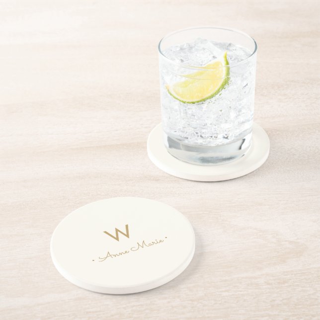 Modern Ivory Gold Script Monogram Coaster (Side)