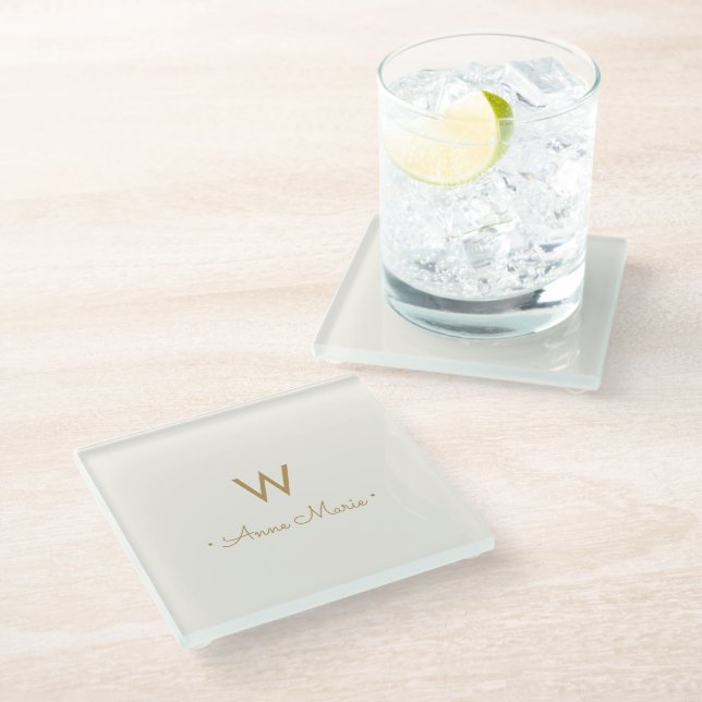 Modern Ivory Gold Script Monogram Glass Coaster (Angled)