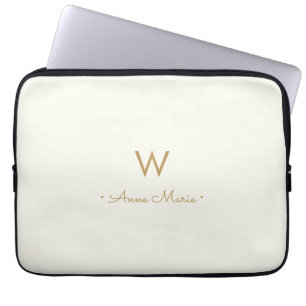 Modern Ivory Gold Script Monogram Laptop Sleeve