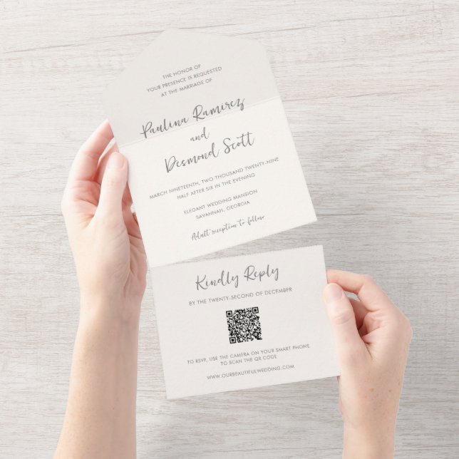 Modern Ivory QR Code Simple Wedding All In One Invitation (Tearaway)