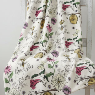 Modern Ivory Queen Bee Floral Illustration Pattern Fleece Blanket