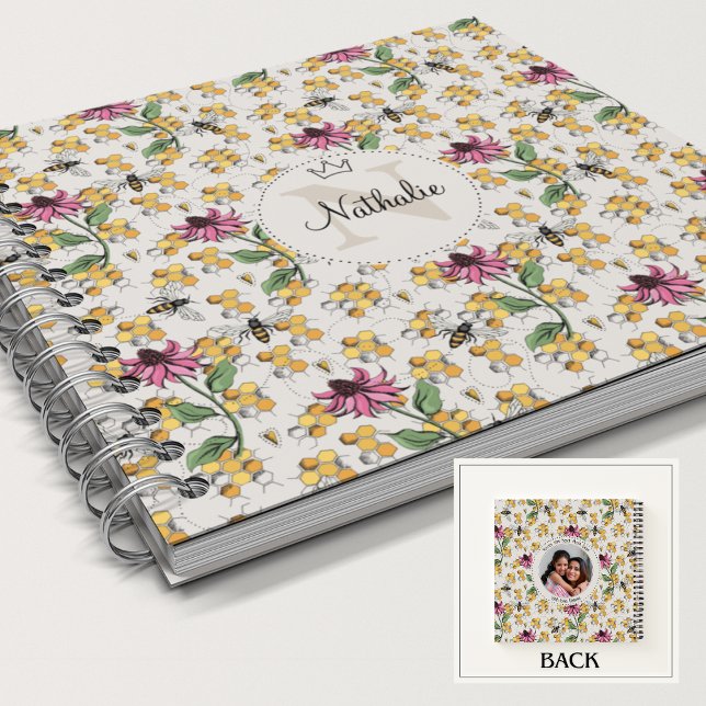 Modern Ivory Queen Bee & Flowers Feminine Monogram Notebook (Beautiful Nature Queen Bee, Honeycomb & Pink Exotic Flower Monogram & Name Custom Square Notebook. )