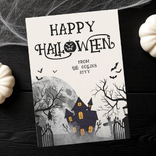 Modern Ivory Spooky Haunted House Happy Halloween Holiday Card