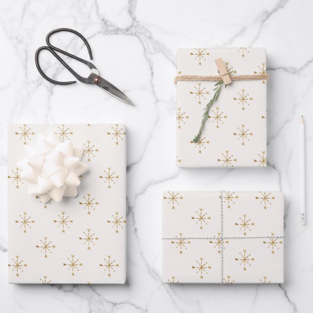 Modern Ivory White | Gold Snow Star Christmas  Wrapping Paper Sheet (Front)