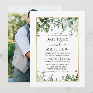 Modern Ivy Sage Greenery Photo Gold Wedding Invitation