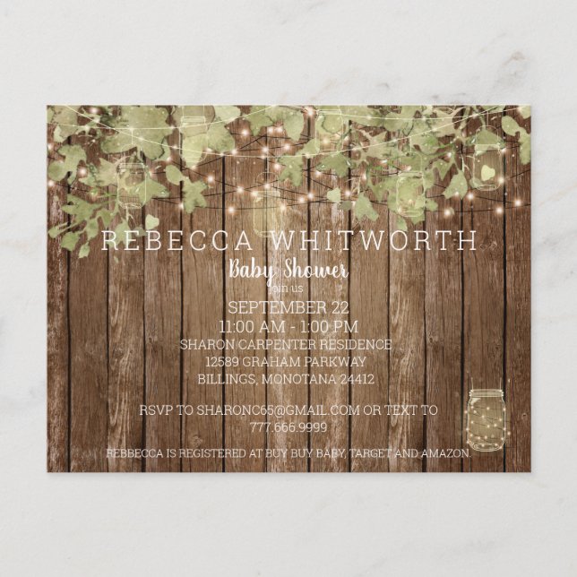 Modern Ivy & String Lights Wood Fence Baby Shower Invitation Postcard (Front)