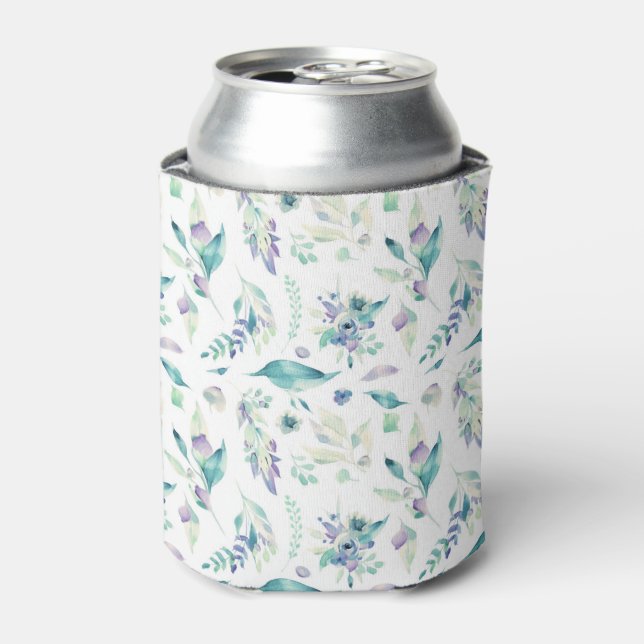 Modern jade green lavender watercolor floral can cooler (Can Front)