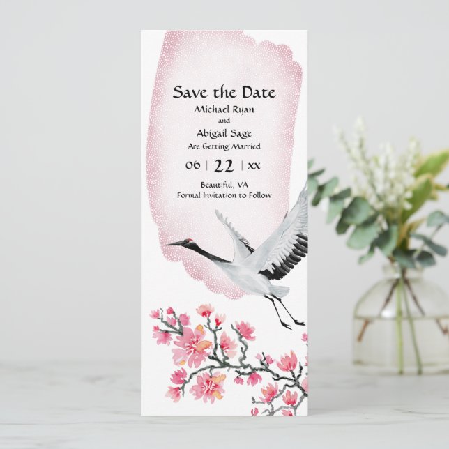 Modern Japanese Crane and Cherry Blossom Wedding Save The Date (Standing Front)