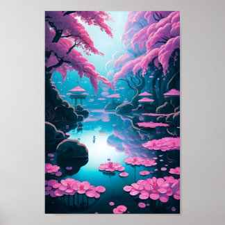 Modern Japanese Garden Cherry Blossoms Art Poster