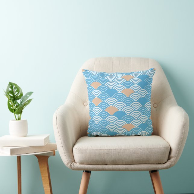 Modern Japanese Seigaiha Waves & Rising Sun Throw Pillow (Chair)