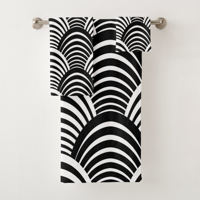 Modern Jazz Age Roaring Twenties Black and White Bath Towel Set (Insitu)