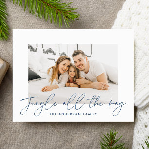 Modern Jingle All The Way Navy Script Photo Holiday Postcard