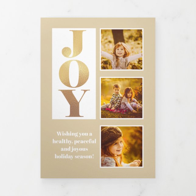 Modern Joy Block Letter 3-Photo-Gold Tri-Fold Card (Cover)