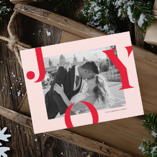 Modern JOY Christmas Photo Card Bold Red & Pink