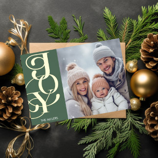 Modern Joy Elegant Typography Green Minimal Photo Foil Holiday Postcard
