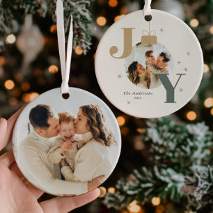 Modern JOY Family Photos Christmas Holiday Ceramic Ornament