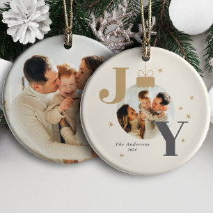 Modern JOY Family Photos Christmas Holiday Ceramic Ornament