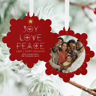 Modern Joy Love Peace Christmas Holiday Photo Ornament Card