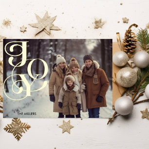 Modern Joy Minimal Elegant 1 Photo Green Gingham Foil Holiday Postcard