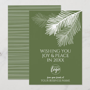 Modern Joy Peace Pine Branches Add LOGO - Business Holiday Card