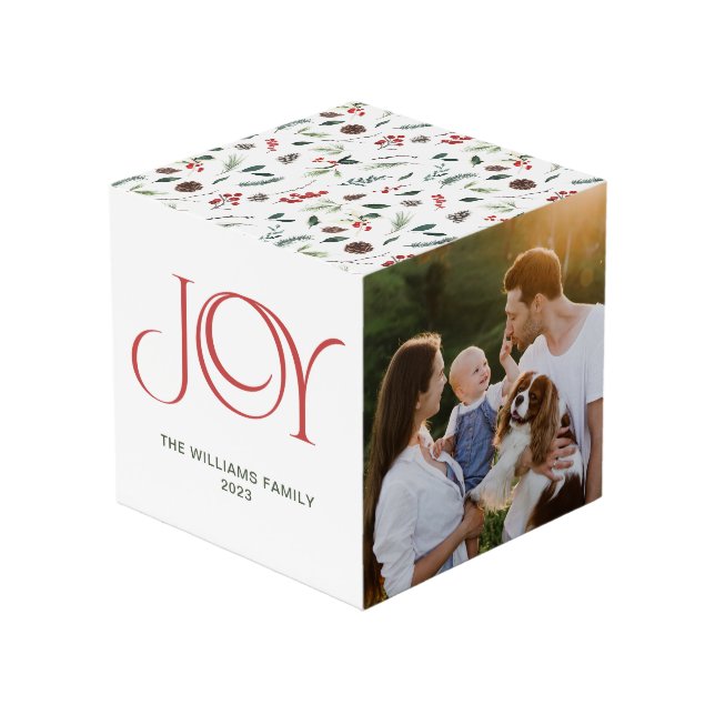 Modern Joy Red Berry Botanical Christmas 3 Photo Cube (Front Angled)