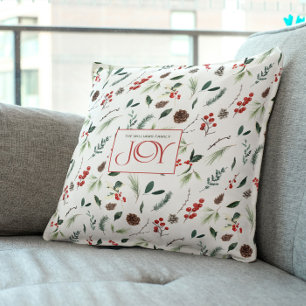 Modern Joy Red Berry Botanical Christmas Photo Throw Pillow
